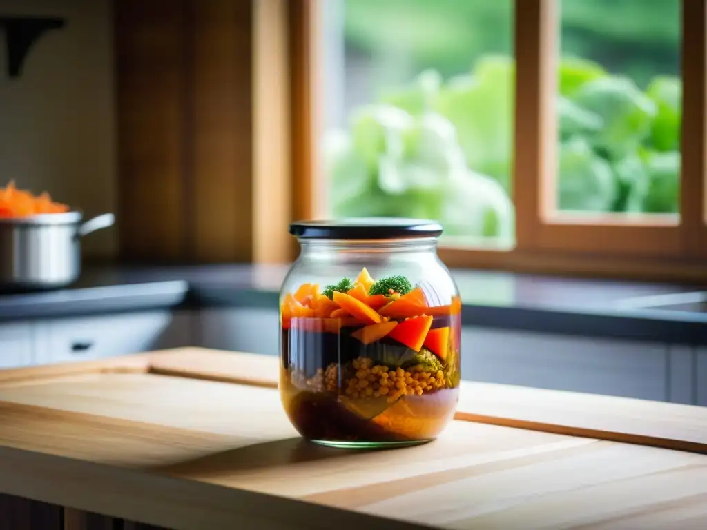 Un onggi coreano lleno de verduras fermentando en una cocina moderna