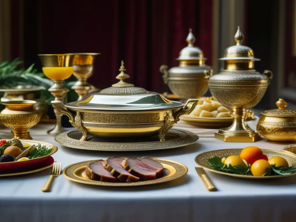 Opulencia culinaria de las antiguas civilizaciones romanas: mesa llena de manjares y lujosos detalles en elegante ambiente