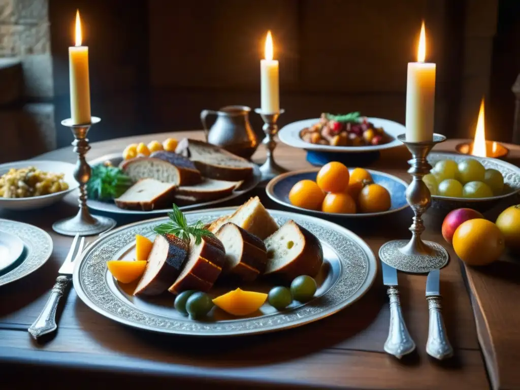 Una opulenta cena medieval en un castillo europeo: mesa llena de manjares y vajilla, luz de velas y huéspedes en trajes de la época