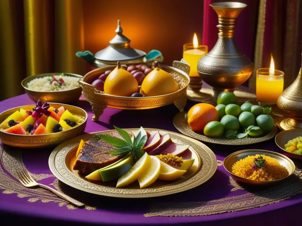 Banquete de lujo en el Medio Oriente: exquisita decoración y manjares Una opulenta mesa de banquete antiguo en Medio Oriente, con exóticas frutas, carnes asadas y especias aromáticas