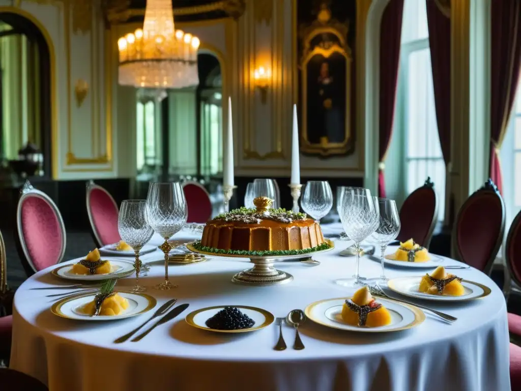 Una opulenta mesa de banquete fusionando la influencia culinaria francesa y rusa del siglo XIX