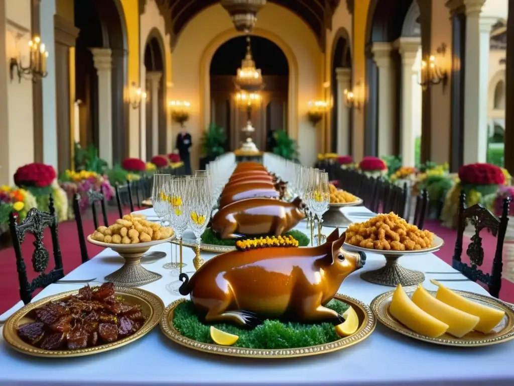 Una opulenta mesa de banquete en un palacio español con exquisitos platos y elegantes invitados