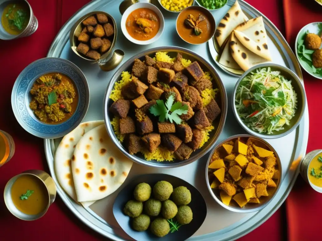 Una opulenta mesa de banquete real Mughal en la India con platos históricos y coloridos