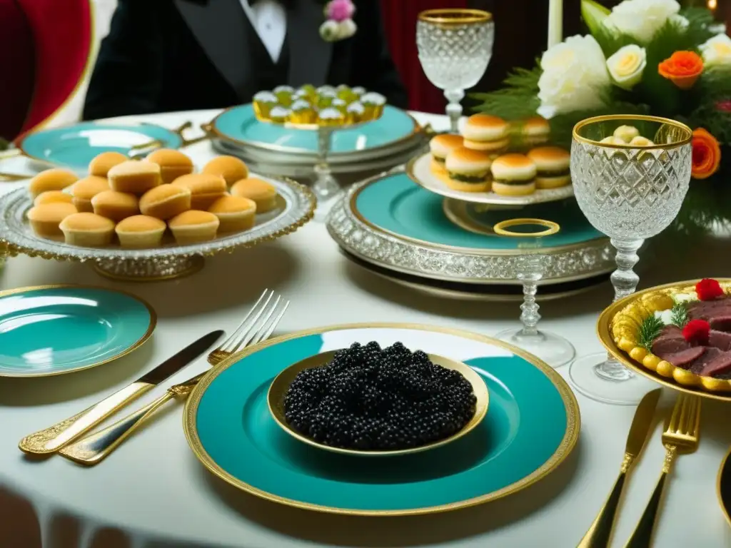 Banquete ruso de lujo: mesa opulenta y nobleza elegante Una opulenta mesa de banquete con vajilla de plata, copas de cristal y platos de caviar y stroganoff
