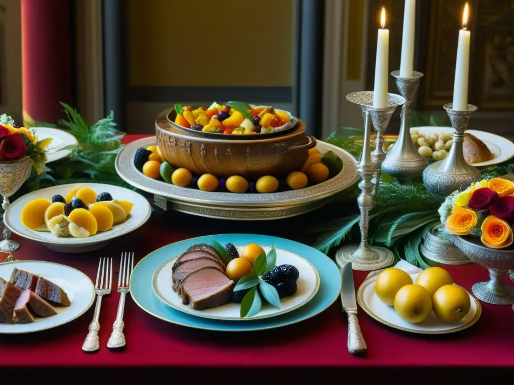 Una opulenta mesa romana llena de manjares exquisitos y detalles finos