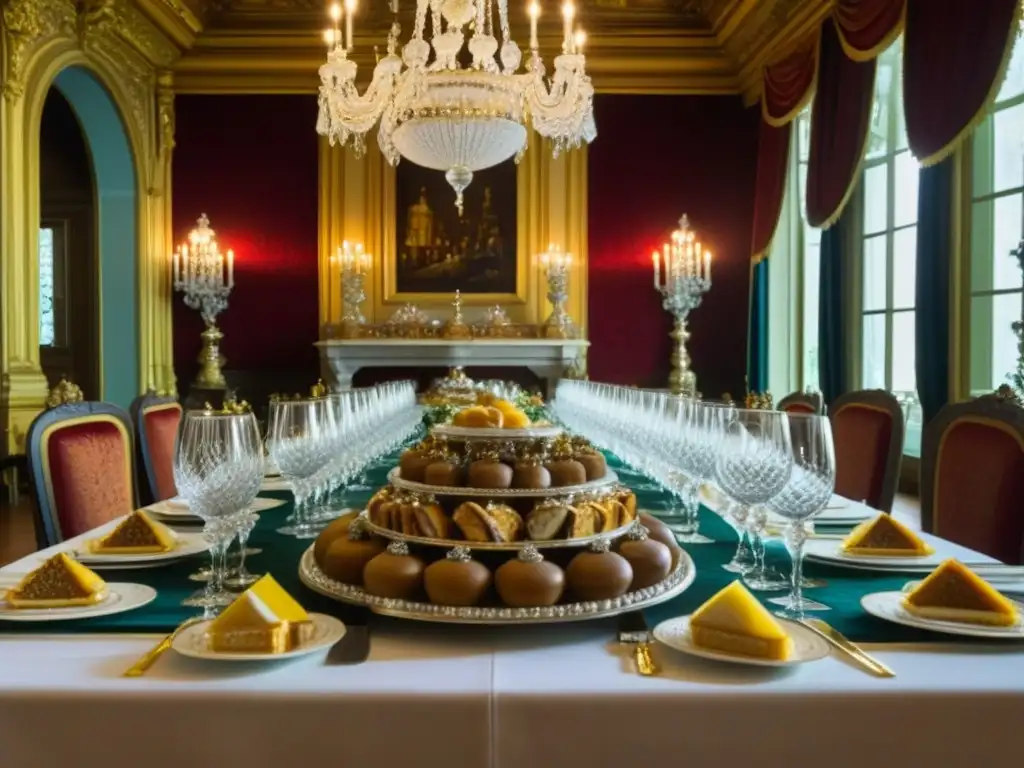 Un opulento banquete barroco francés con plata fina y manjares decadentes, en un lujoso salón