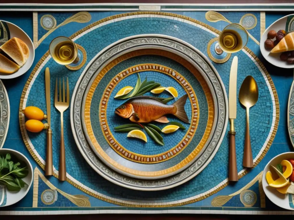 Un opulento mosaico romano de banquetes con platos históricos gastronomía romana