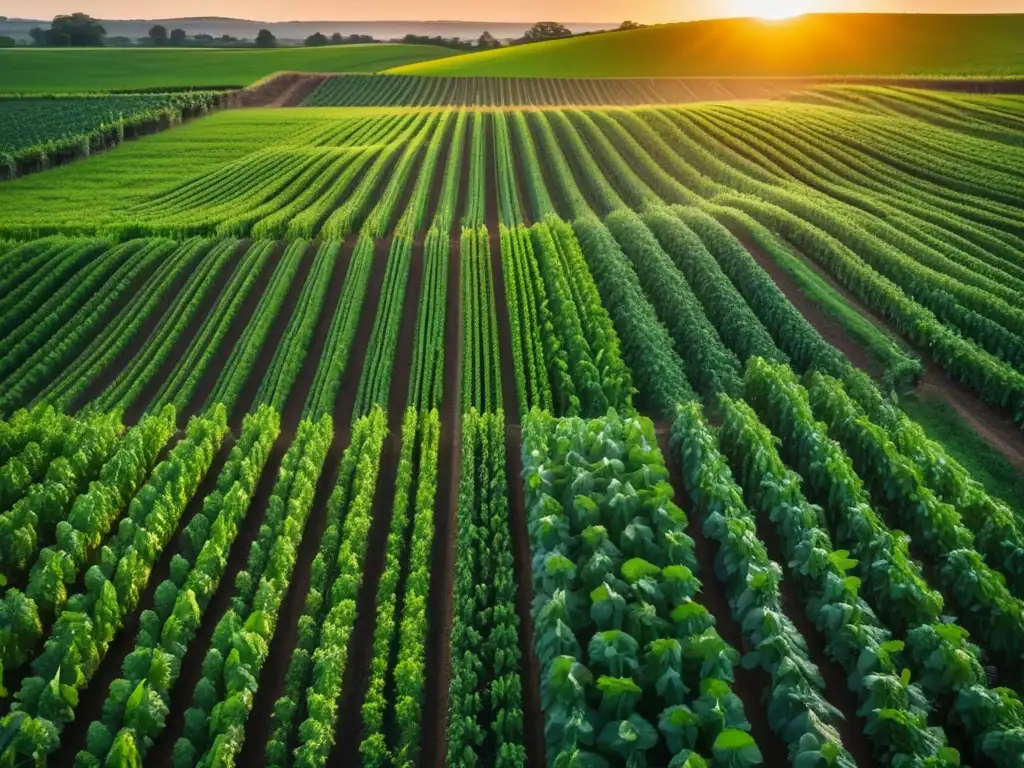 Granja orgánica: belleza natural al atardecer Plantación orgánica detallada al atardecer, resaltando la belleza natural