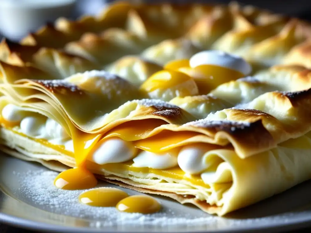 Origen y evolución de Banitsa: Detalle de filo pastry con huevo y yogur antes de hornear, listo para crear la tradicional delicia búlgara