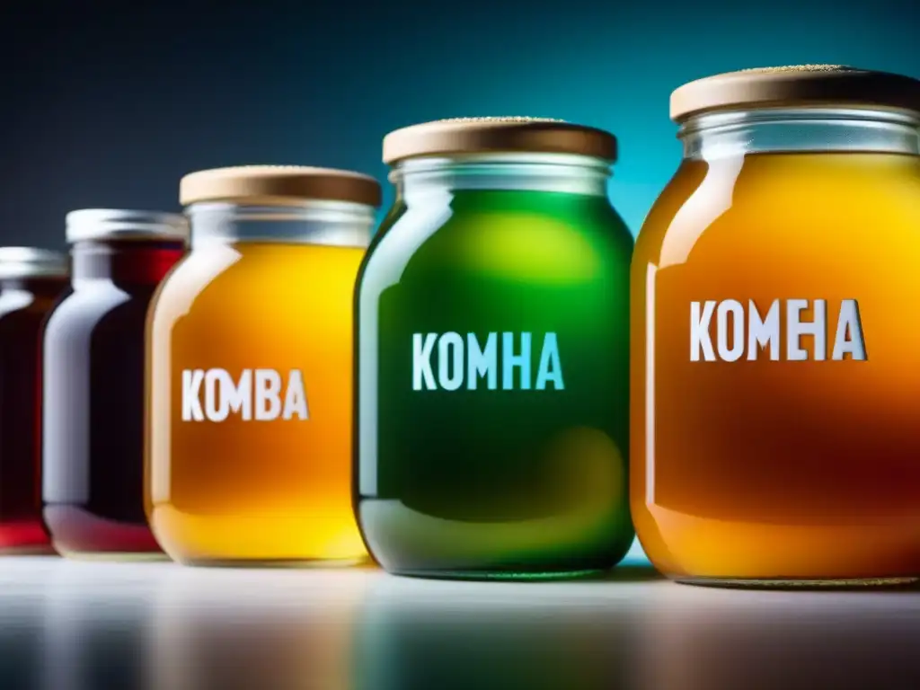 Origen y beneficios del Kombucha: Detalle de frascos artesanales con té fermentado y cultivo SCOBY, mostrando texturas y colores vibrantes