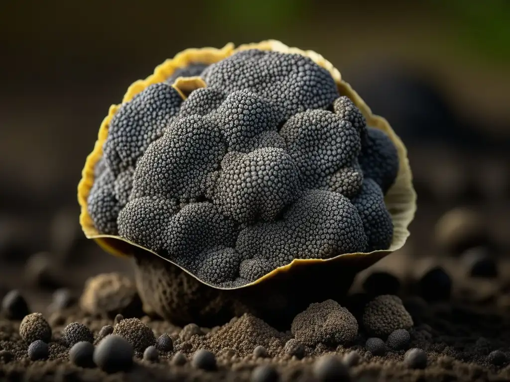 Origen y beneficios de trufas: Detalle de una trufa negra recién cosechada sobre tierra húmeda, mostrando su textura terrosa y misteriosa