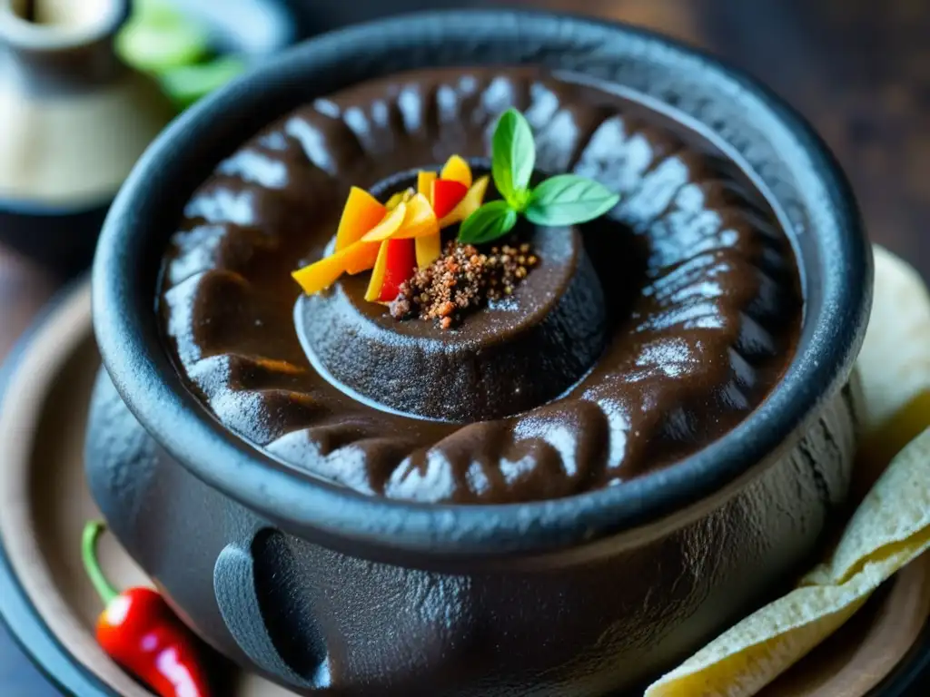 Origen e historia del mole: Molcajete con mole oscuro y espeso, con especias visibles y textura sedosa