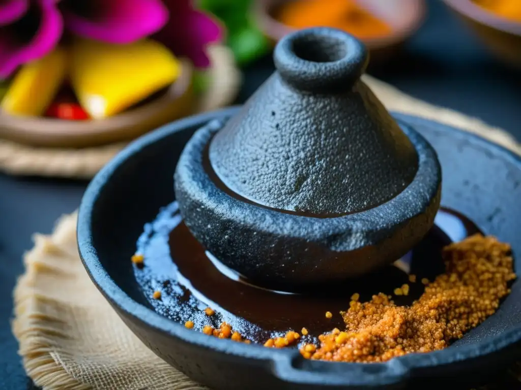 Origen e historia del mole: Molcajete tradicional lleno de mole oscuro y delicioso, evocando tradición y sabor