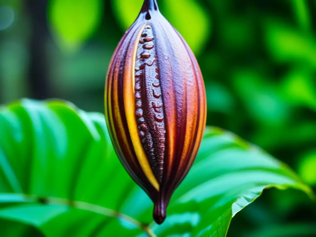 Explora el origen histórico y los beneficios del chocolate en un cacao pod en la exuberante selva