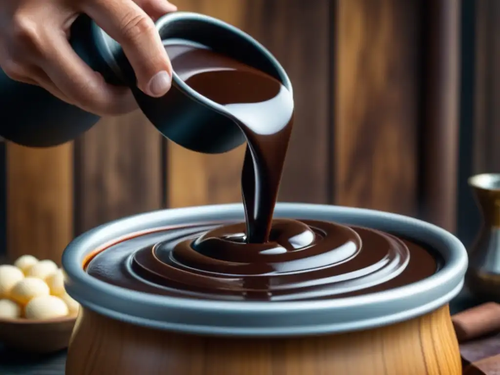 Origen histórico del chocolate: chocolate espeso y lujoso en una olla burbujeante, removido con molinillo de madera tallado