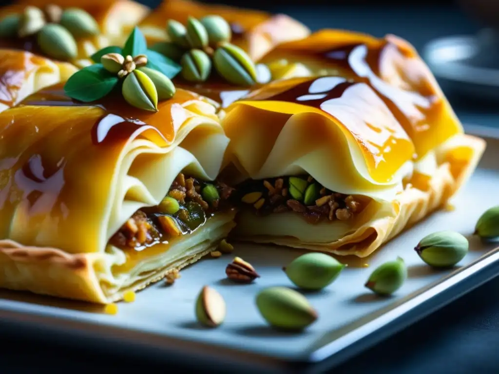 Origen histórico del baklava: Detalles dorados y crujientes de phyllo con pistachos y nueces, bañados en miel brillante