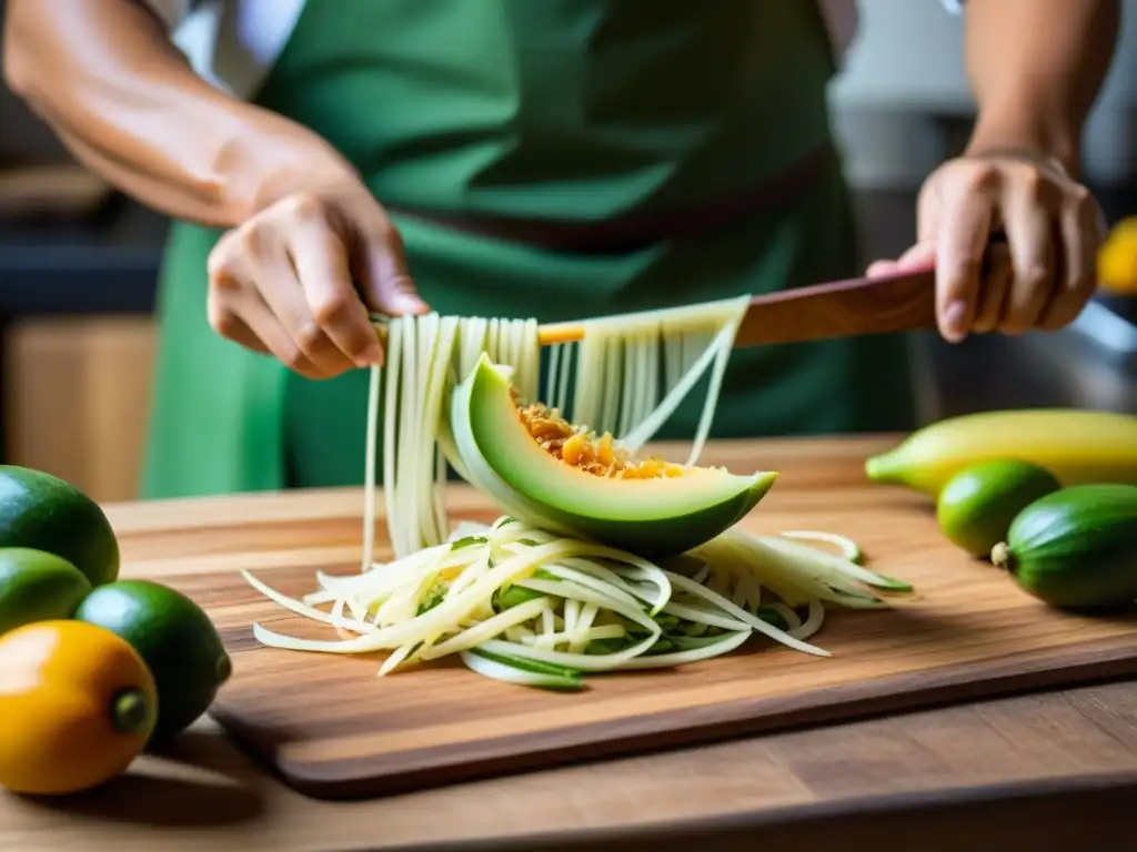 Origen e influencia cultural de Som Tam: Preparación artesanal de papaya verde para la icónica ensalada tailandesa