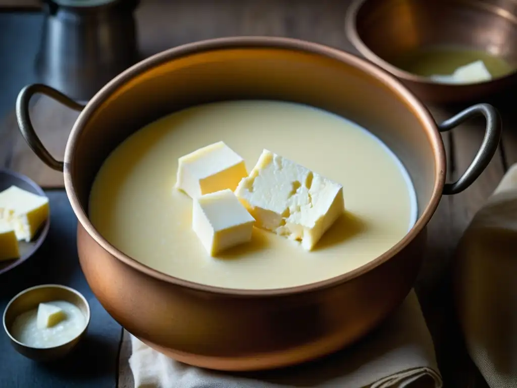 El origen y receta auténtica de paneer: detalle del proceso de cuajado de leche en una olla de cobre