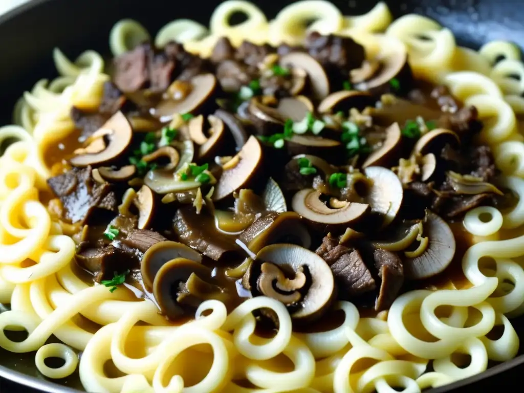 Origen y receta Beef Stroganoff: Delicadas rebanadas de carne, cebolla y champiñones en una sartén humeante