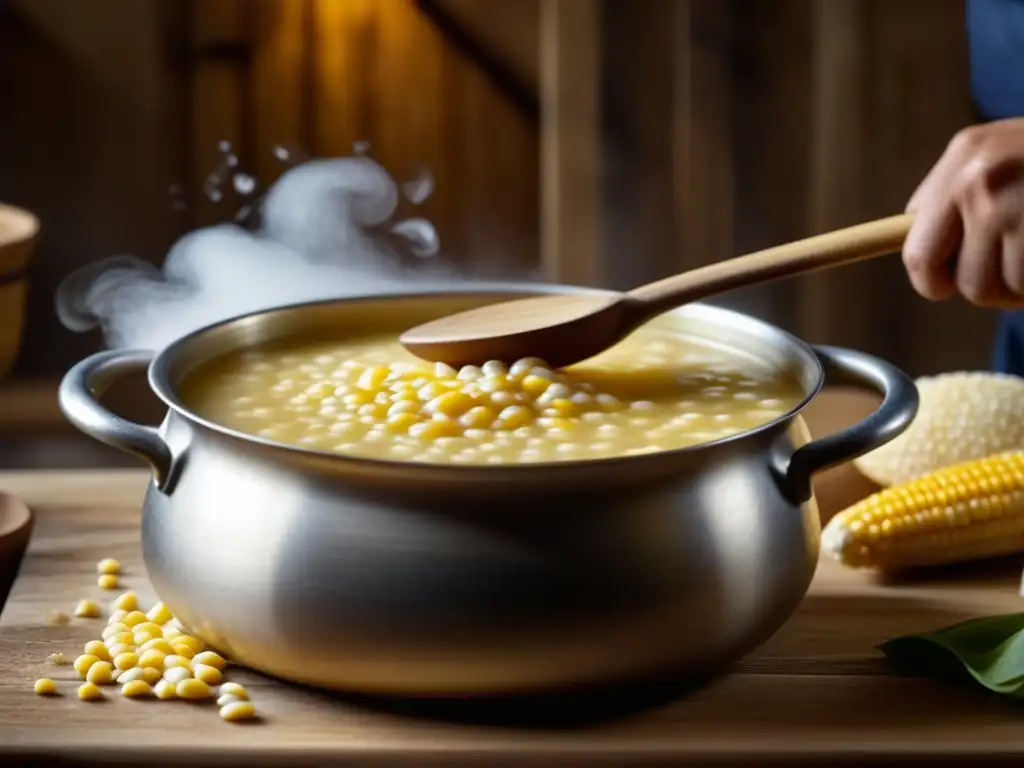 Origen y receta de mămăligă: Olla burbujeante de mămăligă tradicional, con cuchara de madera y vapor