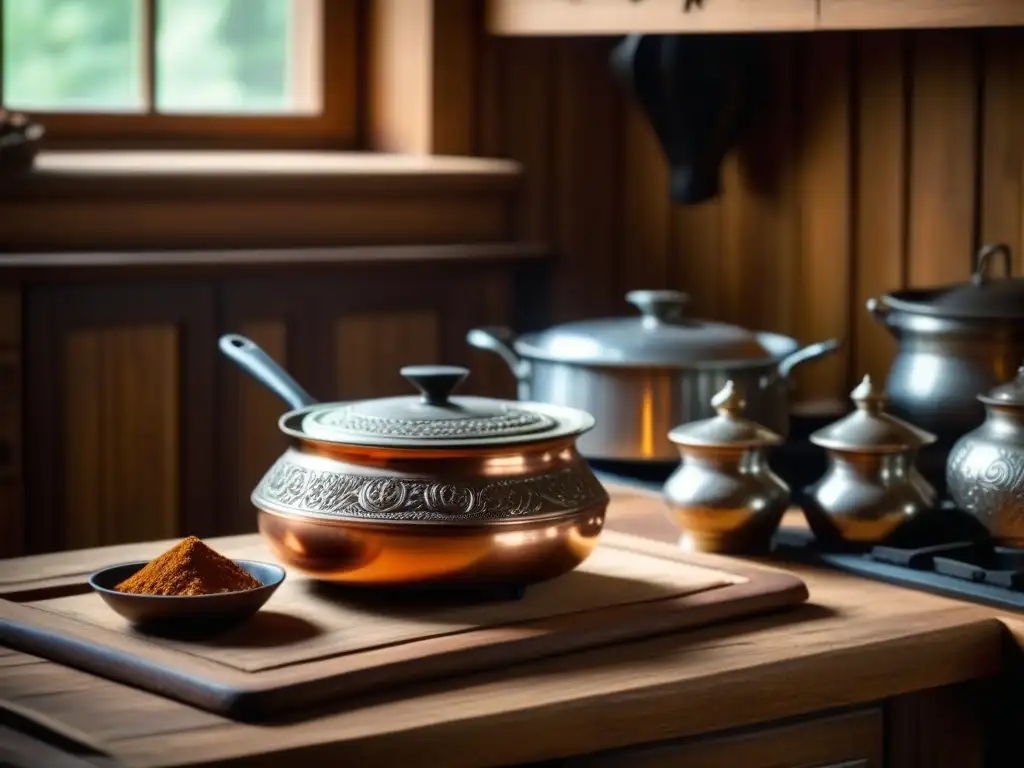 Origen receta Stroganoff cocina rusa: Detalle de una cocina rusa antigua con mesa de madera, olla de cobre y especias en tarros de vidrio