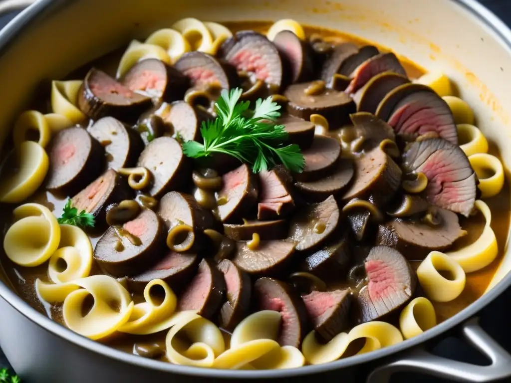 Origen y receta Beef Stroganoff: Detalle de carne y champiñones en salsa cremosa, reflejando la esencia culinaria rusa