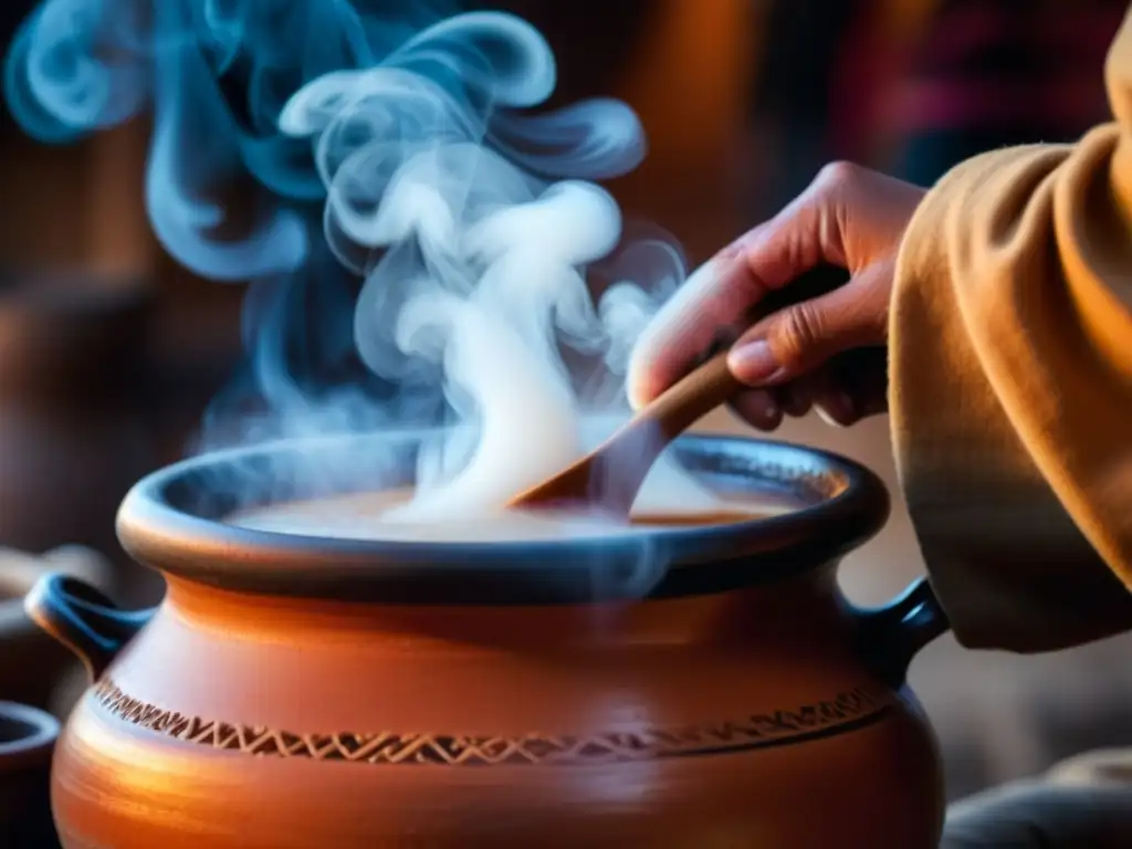 Origen y significado del atole: Detalles de una olla de barro con atole caliente, resaltando la cultura indígena