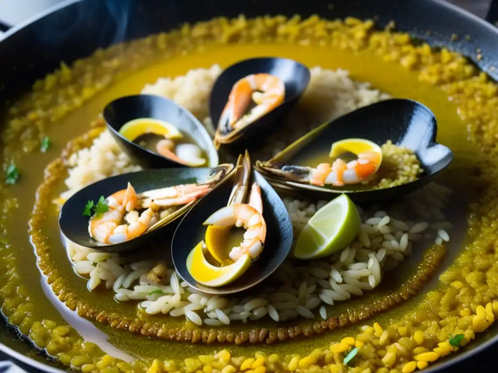 Una paella dorada en su punto, lista para saborear, evocando recetas históricas época oro española