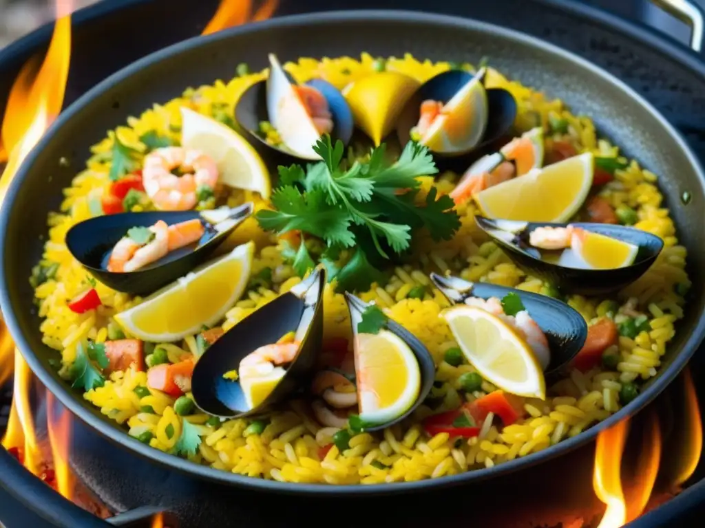 Paella española tradicional en llama abierta: Gastronomía histórica en la Era de los Descubrimientos