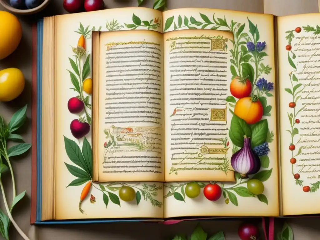 Una página iluminada de libro de recetas medieval, con ilustración detallada de cocina antigua rodeada de ingredientes orgánicos