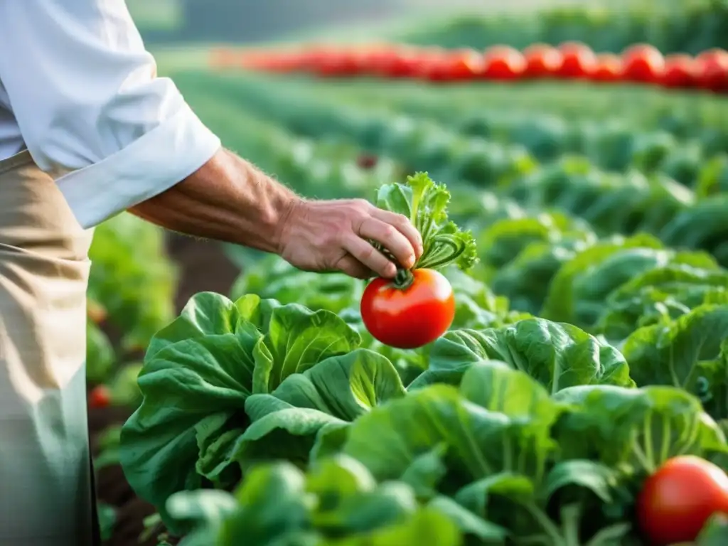 Un paisaje detallado de una granja orgánica tradicional con cultivos vibrantes y un chef seleccionando productos maduros