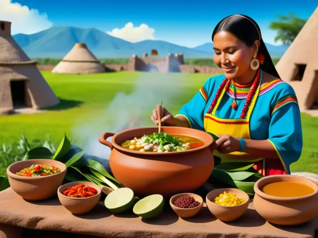 Un paisaje lleno de tradición y cultura: mujeres indígenas preparando un pozole prehispánico recetas culturales sobre fuego abierto