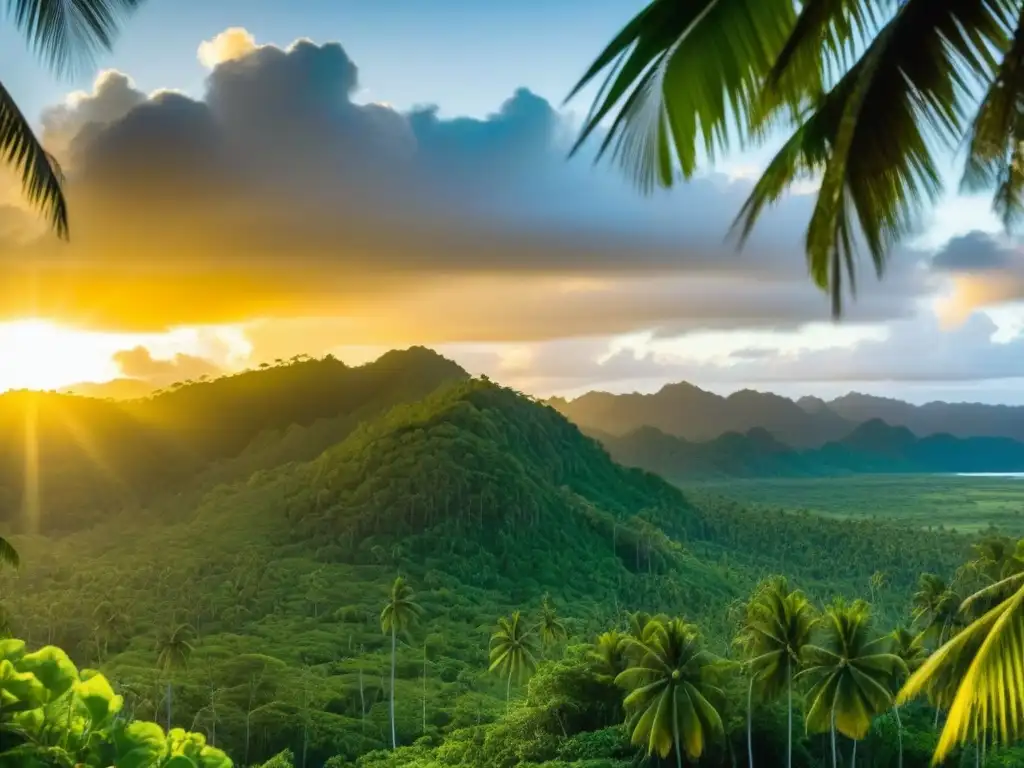 Un paisaje panorámico de una exuberante selva tropical en Micronesia, con cocoteros verdes vibrantes meciéndose en la brisa suave