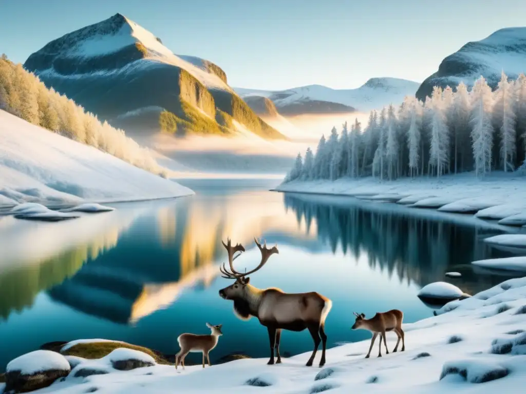 Un paisaje sereno escandinavo con un fiordo cristalino, bosque de pinos nevados y renos