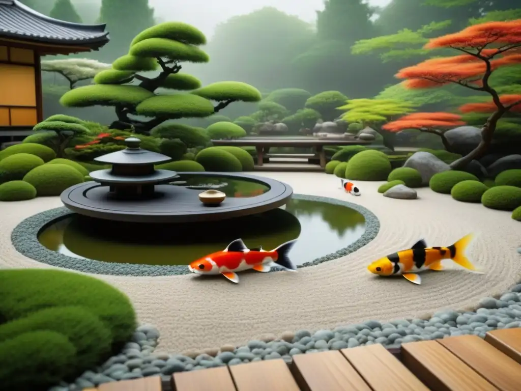 Paisaje sereno de un jardín Zen japonés con estanque de peces koi, rodeado de vegetación exuberante y una casa de té de madera