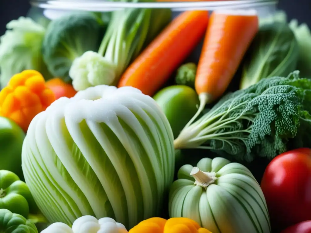 Un paisaje vivo de burbujeante fermentación en un frasco lleno de vegetales, mostrando la historia de la fermentación de alimentos