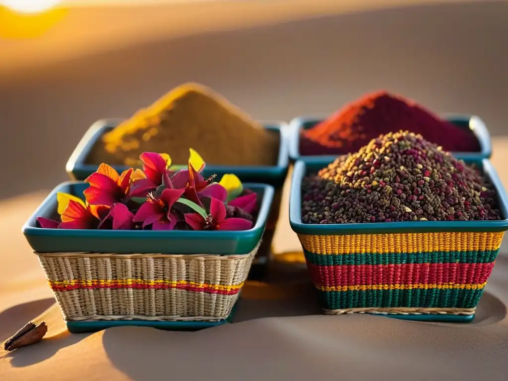 Una paleta de colores vibrantes y especias del Sahel, evocando el comercio y sabores históricos Sahel bajo el sol del desierto