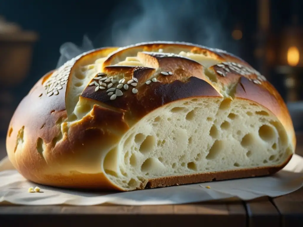 Un pan redondo y recién horneado de estilo romano, con una corteza dorada brillante bajo una luz suave, resaltando la importancia del Panis en Roma