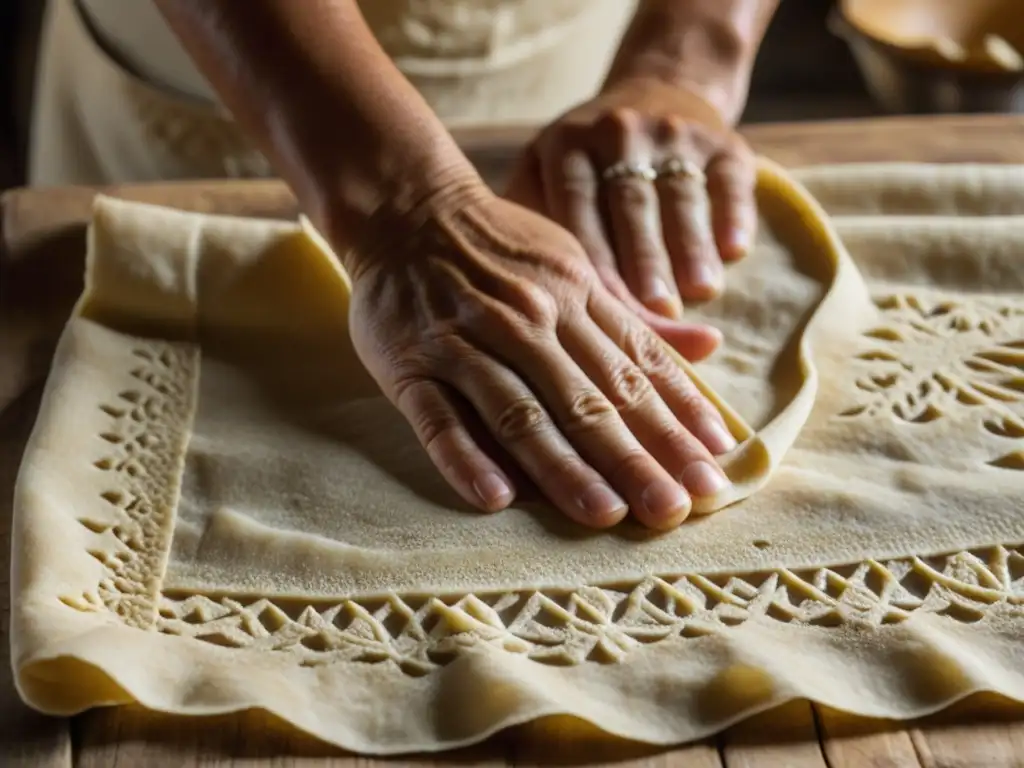 Un panadero armenio experto estira la masa de Lavash, mostrando su textura y patrones