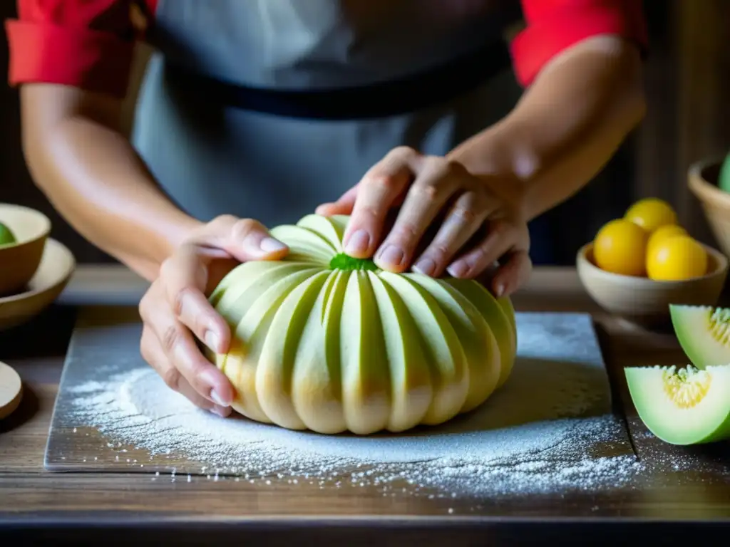 Un panadero artesanal crea un melón pan japonés en la Era Meiji, mostrando la elaborada técnica para dar forma al característico diseño en la masa