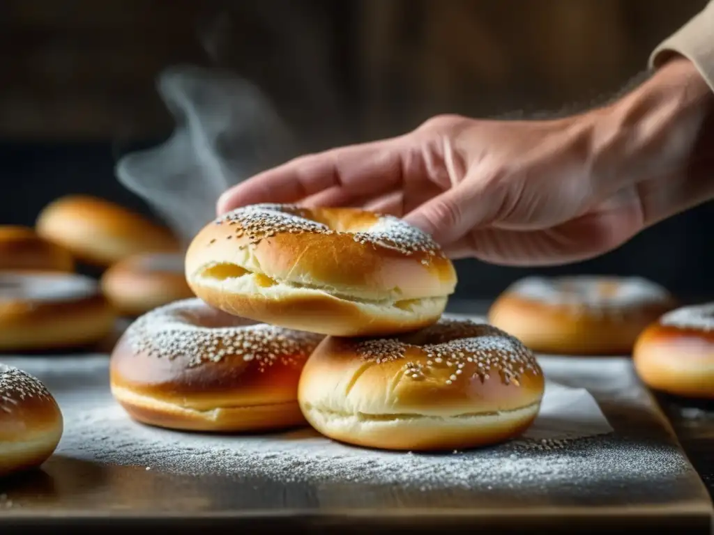 Un panadero experto moldea bagels dorados con semillas en una panadería judía en América, recetas