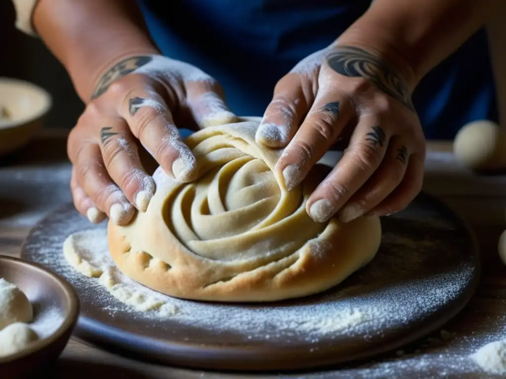 Un panadero experto moldea con destreza una masa, evocando técnicas ancestrales de panadería y su impacto cultural