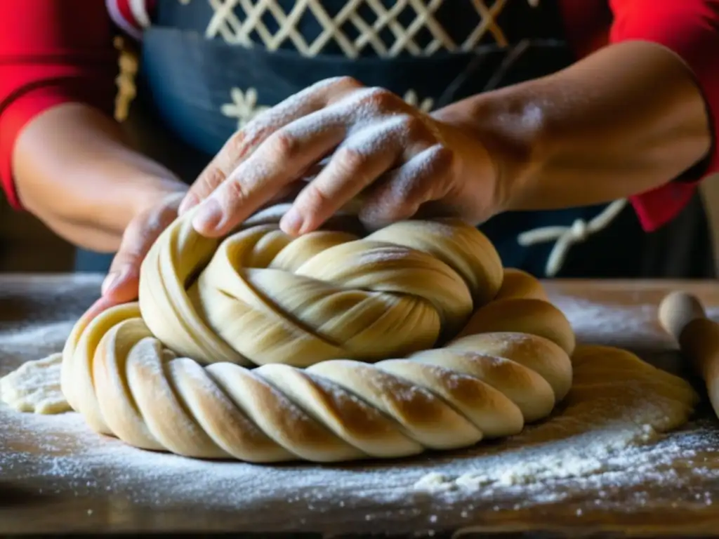 Un panadero experto moldeando con destreza la masa de choreg armenio, evocando tradición y maestría culinaria