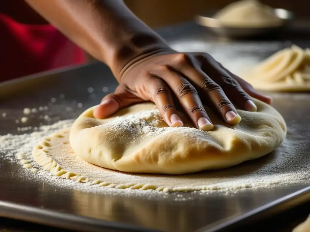 Un panadero experto da forma a la masa del tradicional pan naan, destacando la artesanía y tradición detrás de su creación