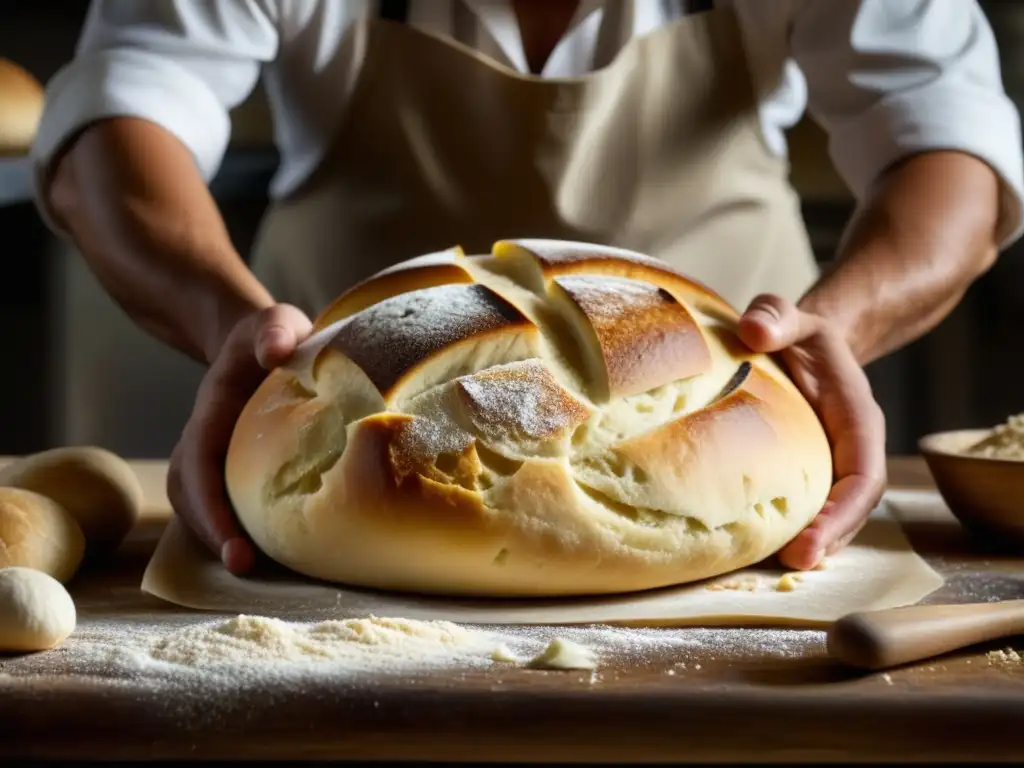 Un panadero experto moldea masa para pan persa y árabe, mostrando la evolución del pan en cocina persa con detalle y destreza en una cocina rústica