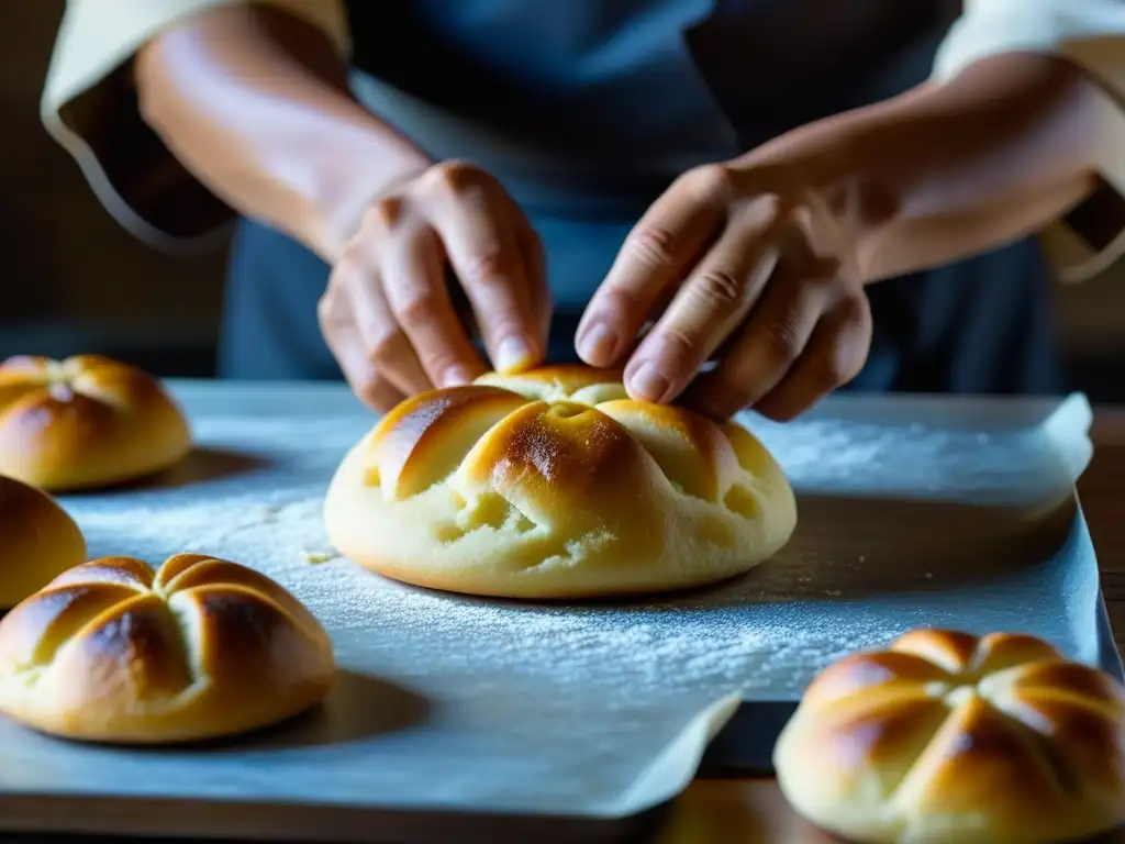 Un panadero japonés moldea anpan dorado con destreza, mostrando la influencia portuguesa en la panadería japonesa