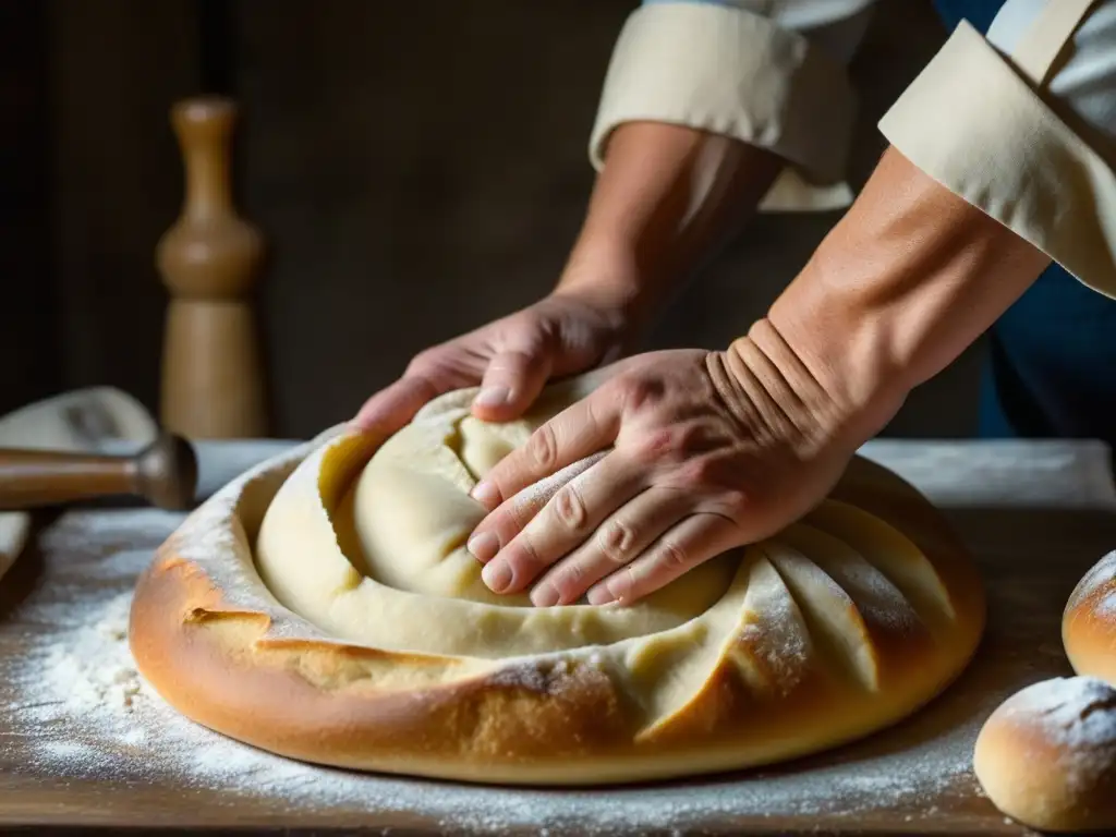 Un panadero moldeando masa para pan ruso del siglo XIX, destacando la influencia francesa en la técnica