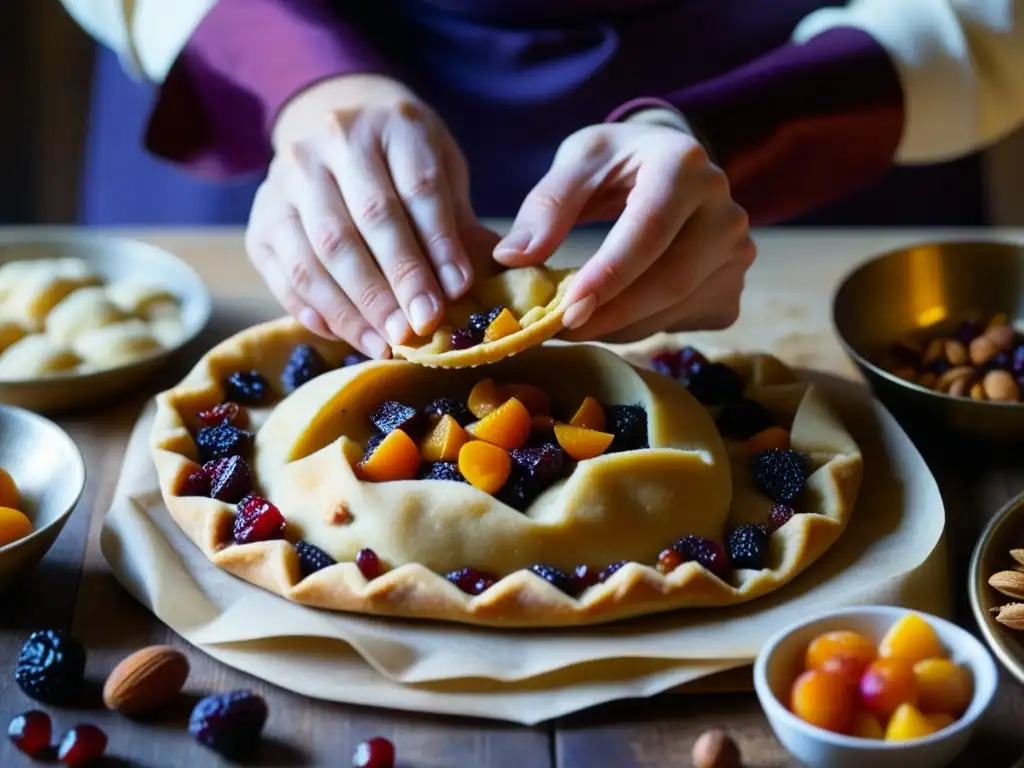 Un panadero medieval experto en originales pasteles frutas históricos, mezcla con destreza frutos secos y especias en una masa rica y mantecosa