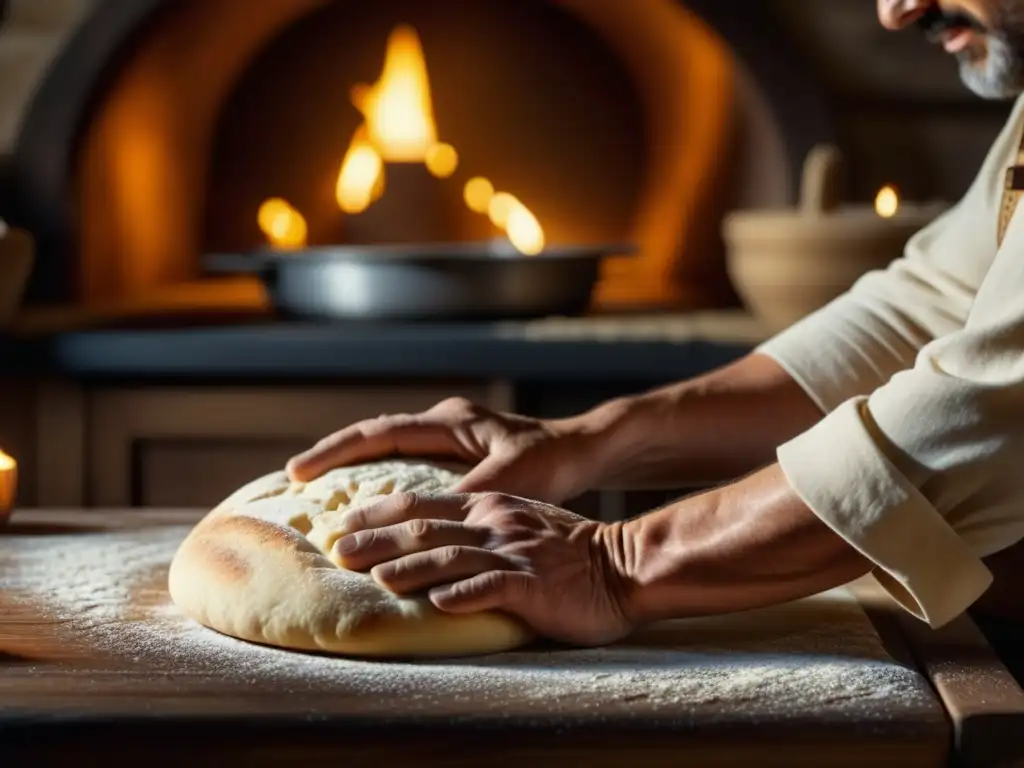 Un panadero medieval moldea masa para 'Panes y pasteles de las Cruzadas' en una cocina iluminada por velas