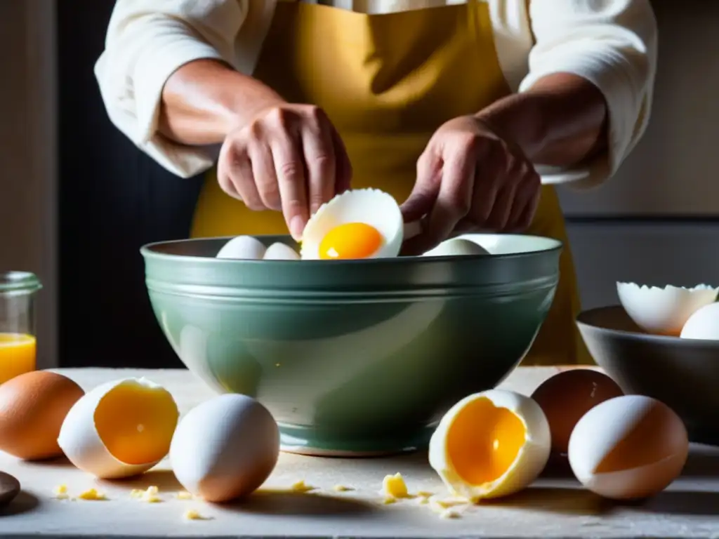 Un panadero portugués tradicional rompiendo huevos en un tazón, destacando los detalles de las cáscaras y las yemas doradas, con luz natural suave